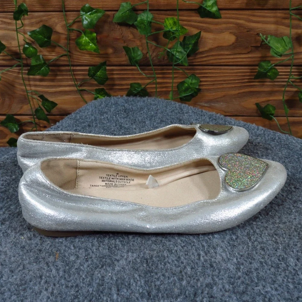 Stevie's Silver Heart Flats‎ Girls Size 4 Dress Casual Glitter Ballet Shoes